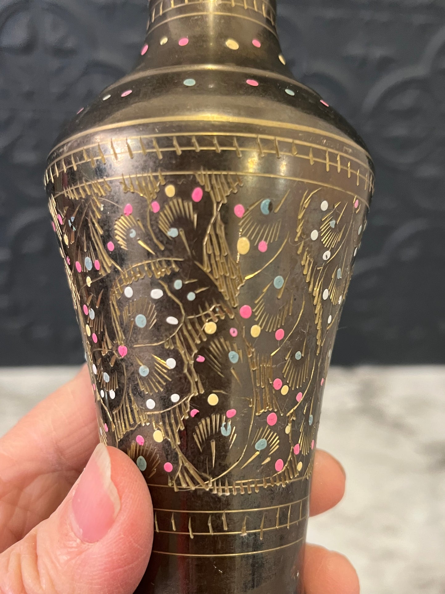 Etched Brass Vase with Polka Dot Design
