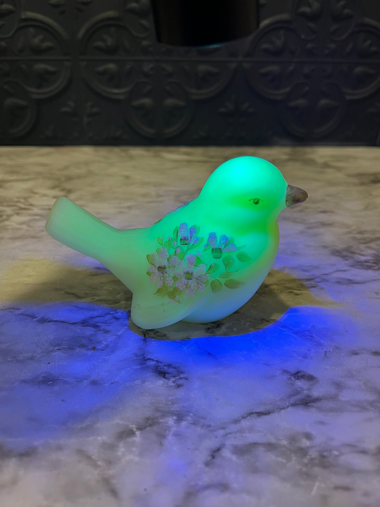 Fenton Custard Satin Glass UV Reactive Songbird
