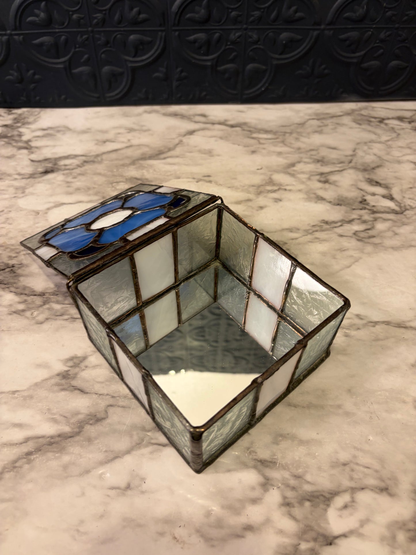 Blue Flower Stained Glass Box AS IS