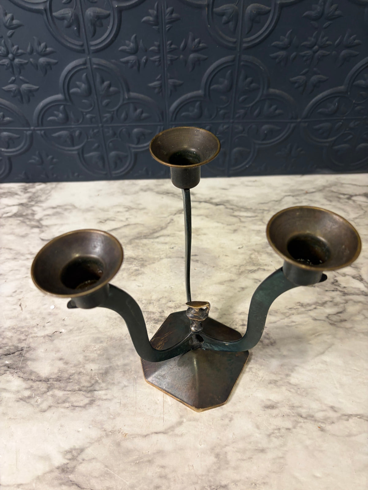 Triple Patina Candle Holder with Small Vase in Middle