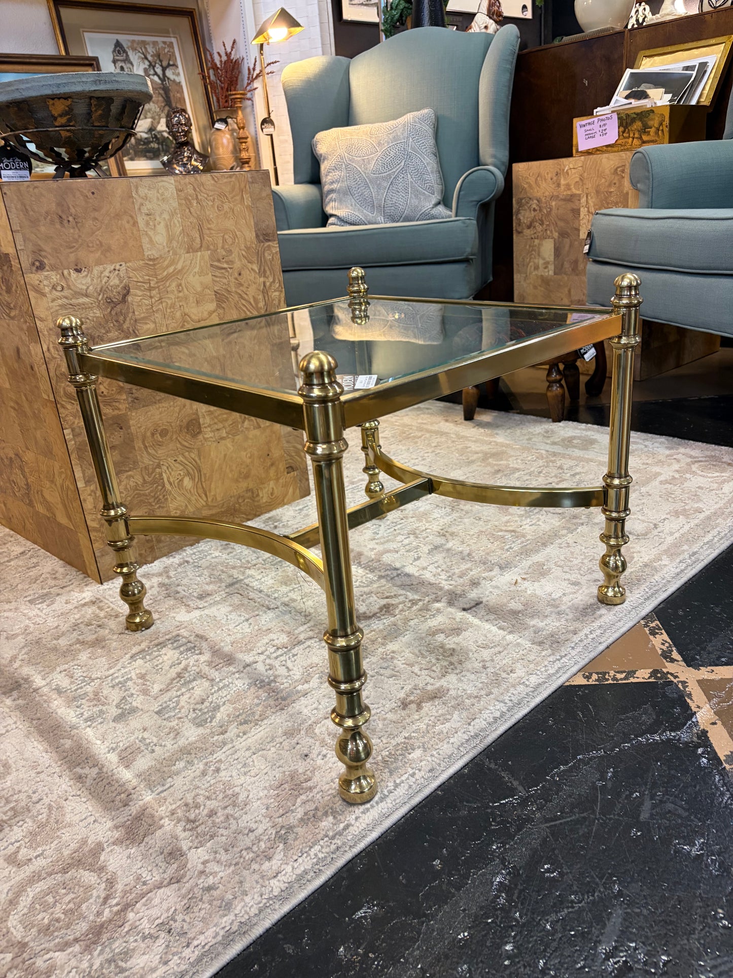 Square Brass and Glass Side Table with H Bottom