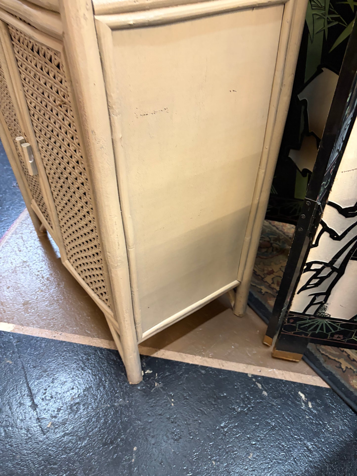 Grey Wicker Shelf with Cabinet Base