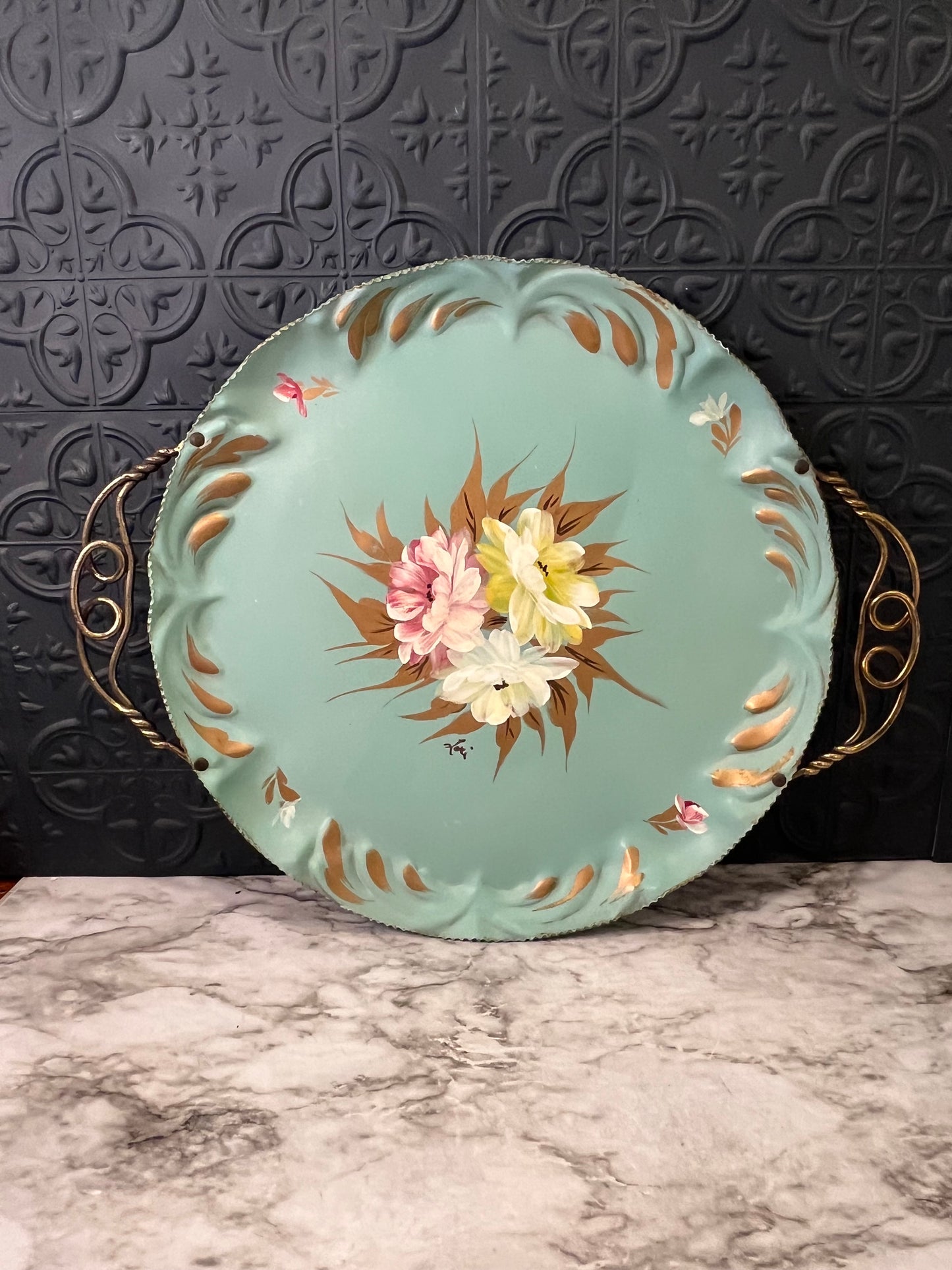 Large Hand painted Tray with Brass Handles Teal