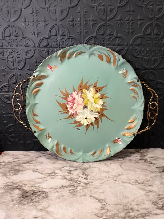 Large Hand painted Tray with Brass Handles Teal
