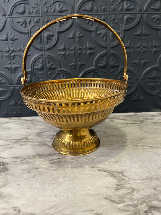 Brass Pedestal Basket with Handle