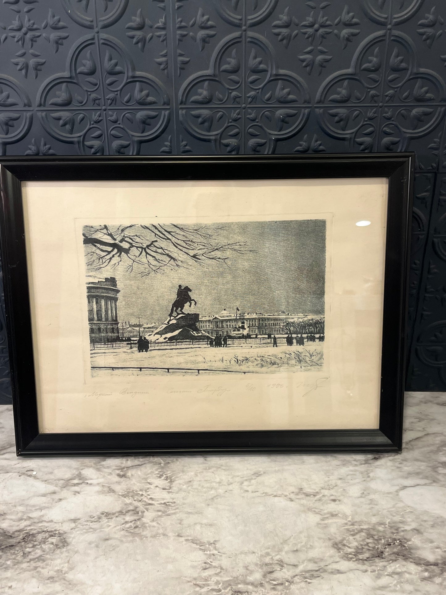 Etching of the Bronze Horseman Framed