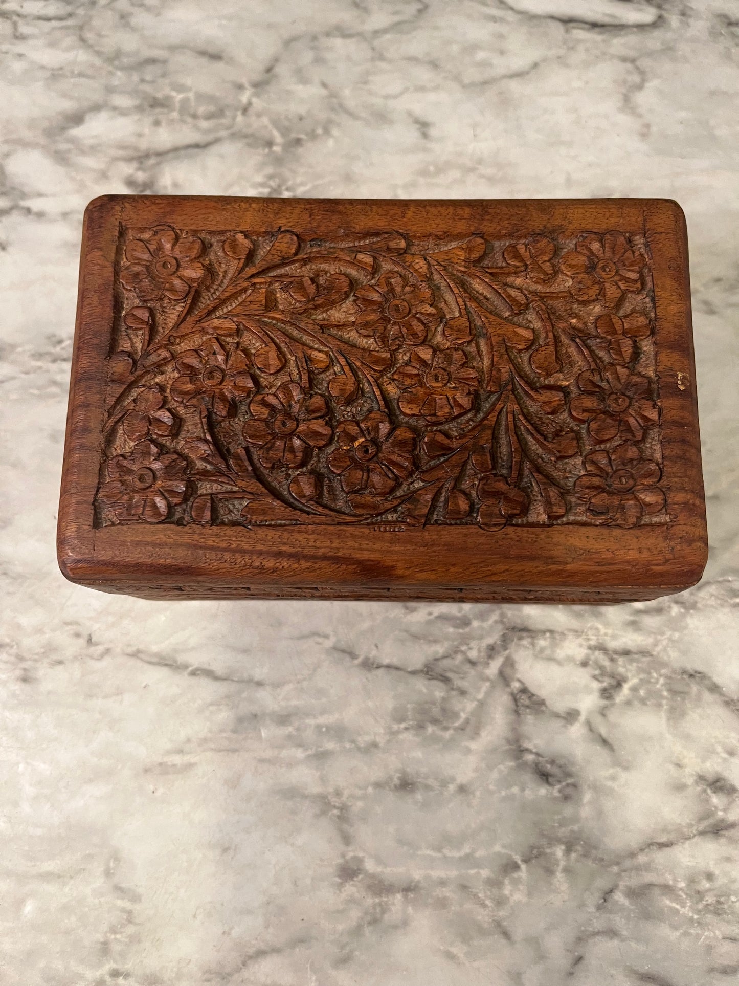 Carved Wood Box with Flowers 6"