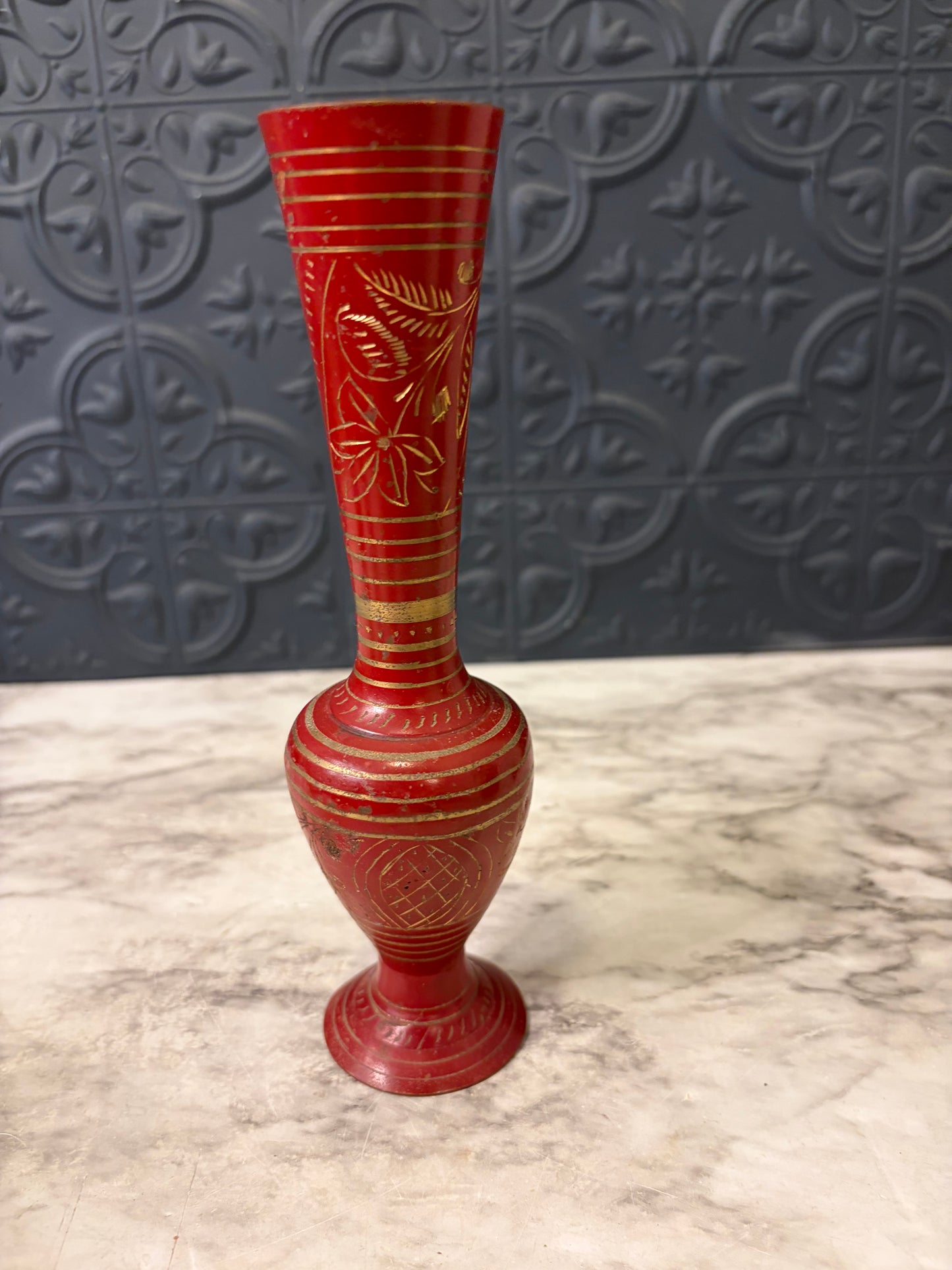 Brass and Red Etched Bud Vase