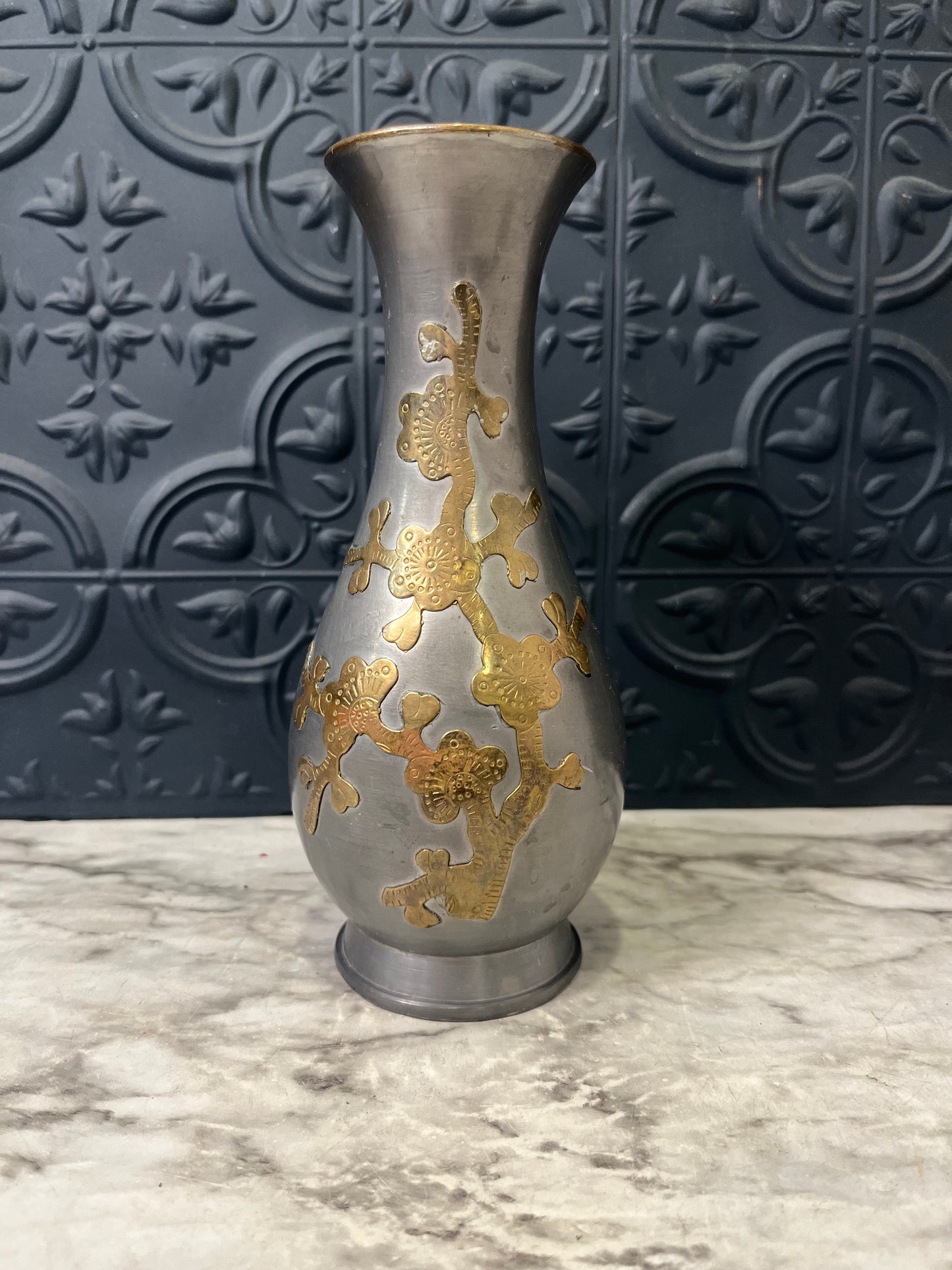 Pewter Vase with Brass Inlay