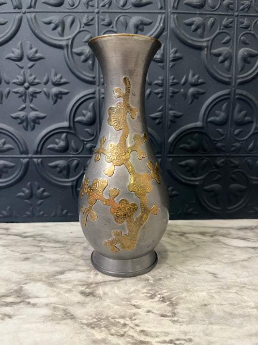 Pewter Vase with Brass Inlay