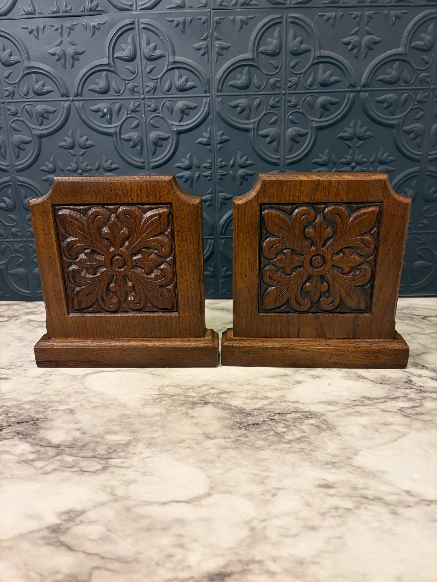 Carved Wood Bookends with Floral Motif