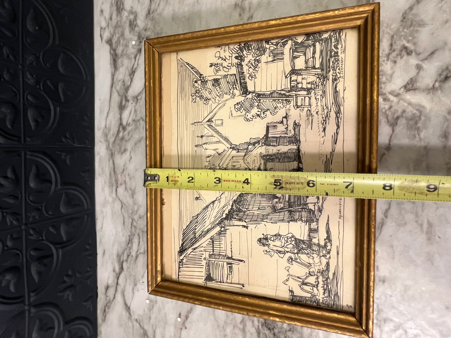 Ink Drawing in Gold Frame of Village