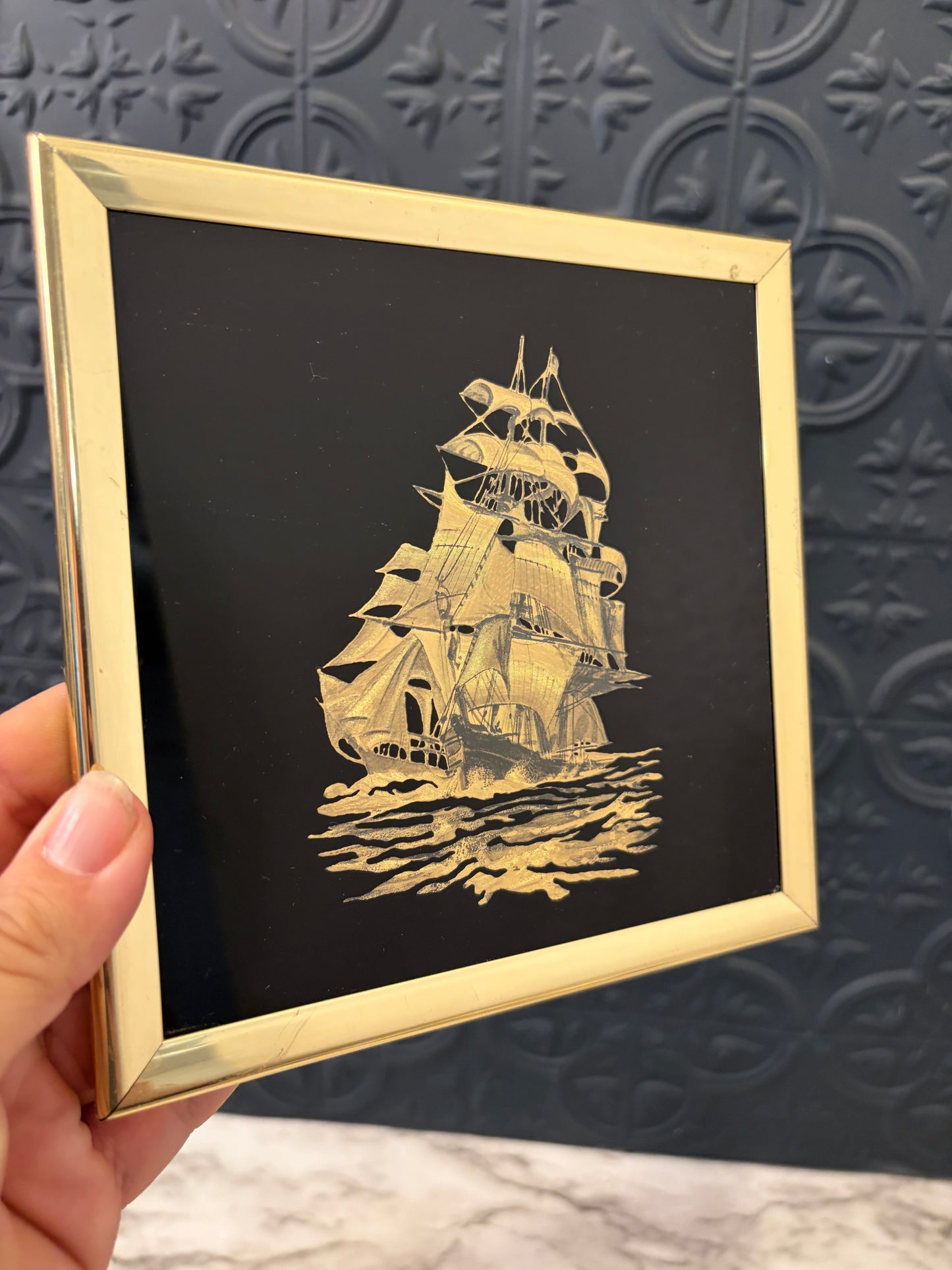 Gold Foil Ship on Black Framed
