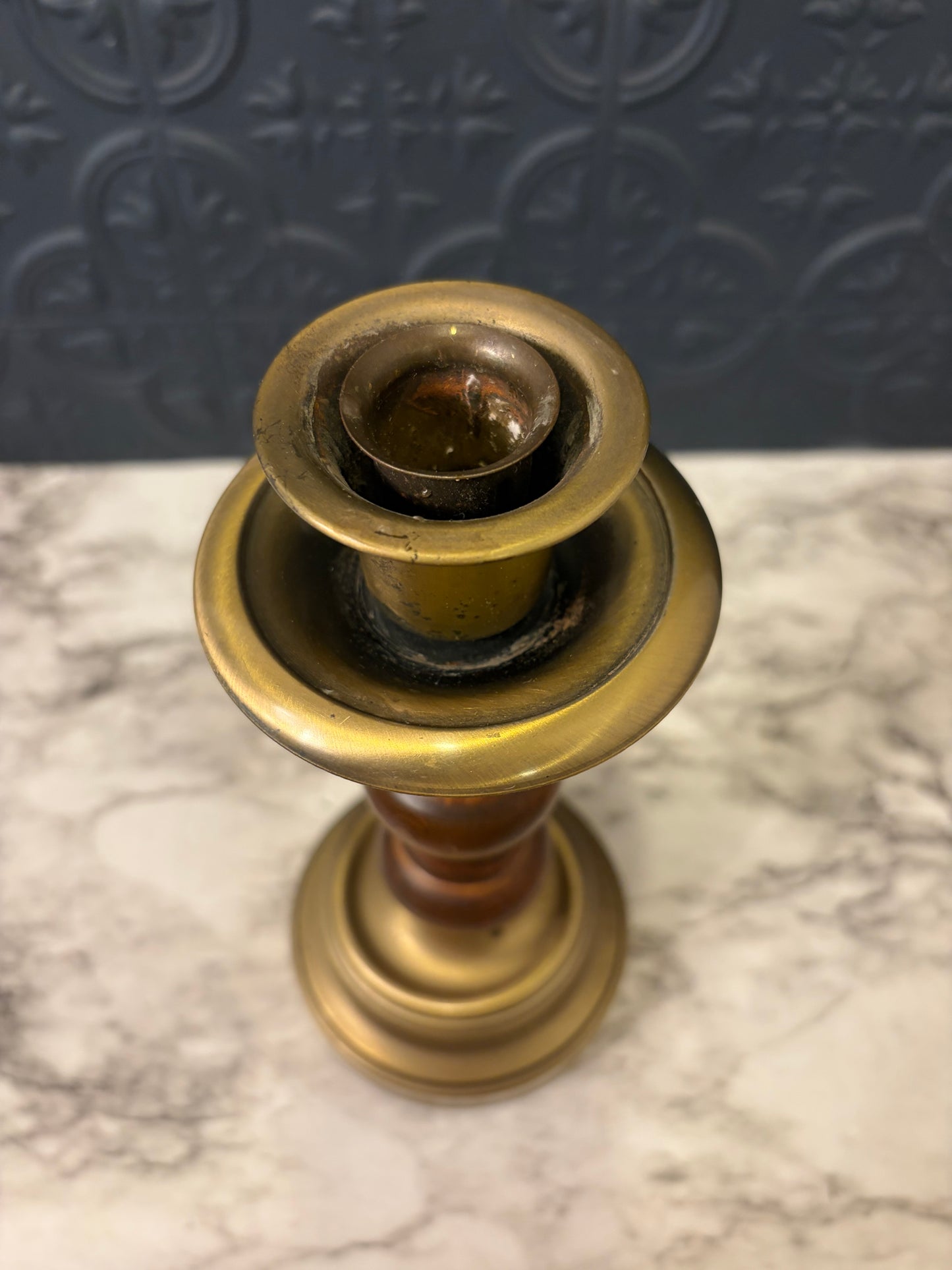 Wood and Brass Candlestick 9"