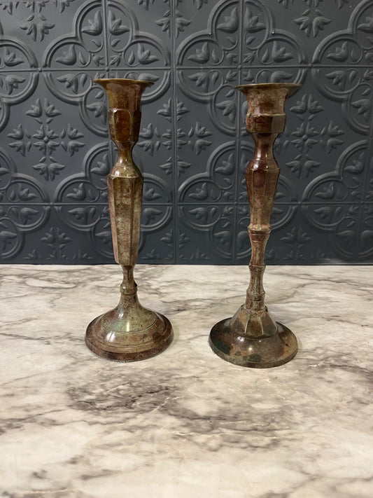 Brown and Teal Metal Candle  Holders x 2