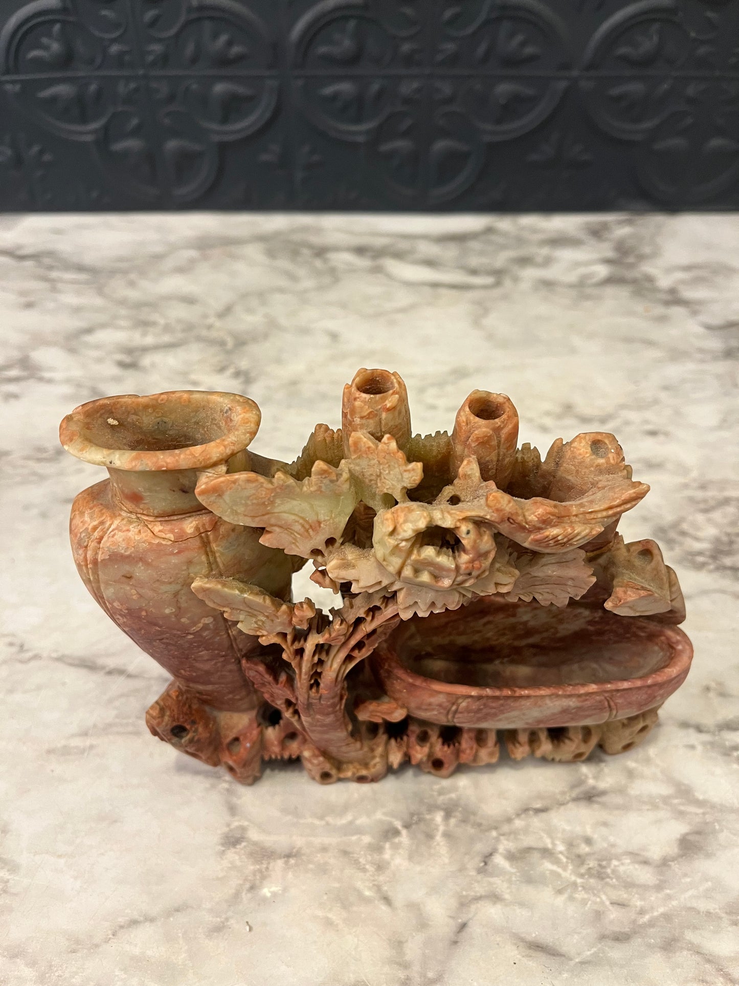 Carved Soapstone Vase and Bowl Red AS IS