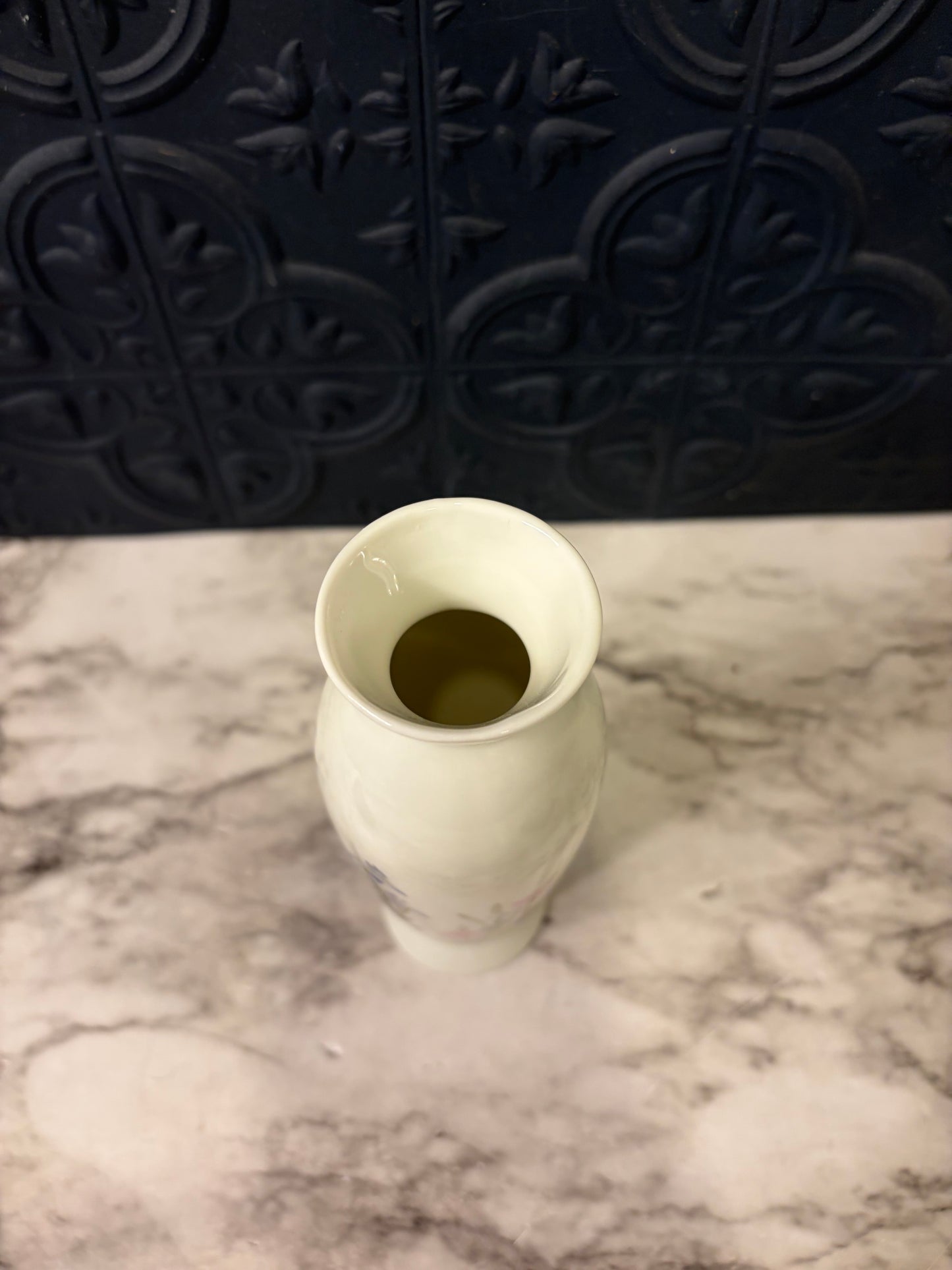 Small White Bud vase with pink and Purple Iris