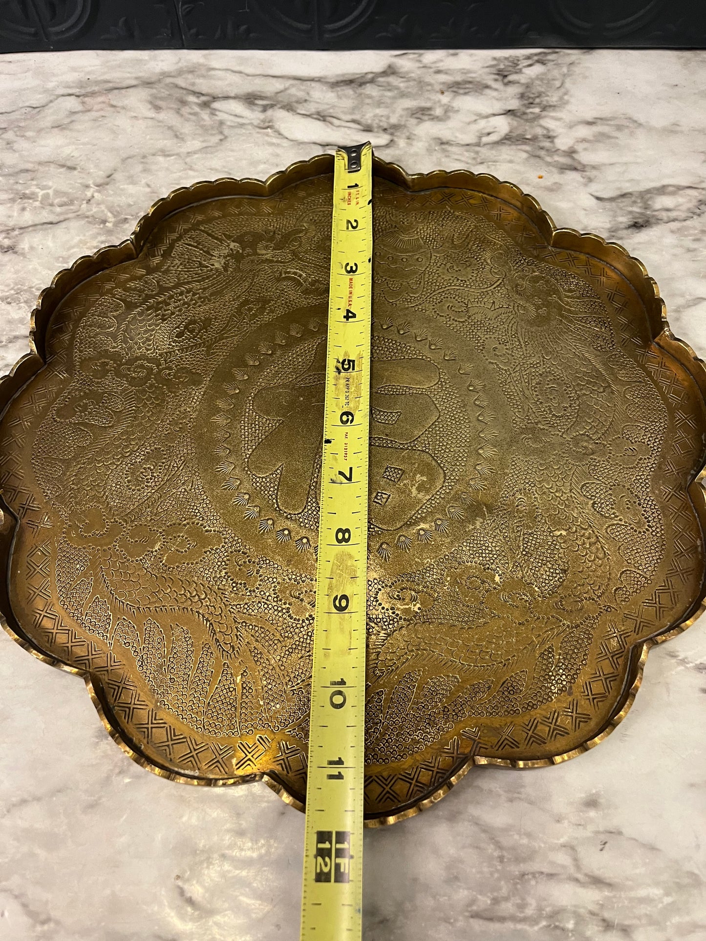 Scallopped Etched Brass Tray with Dragons
