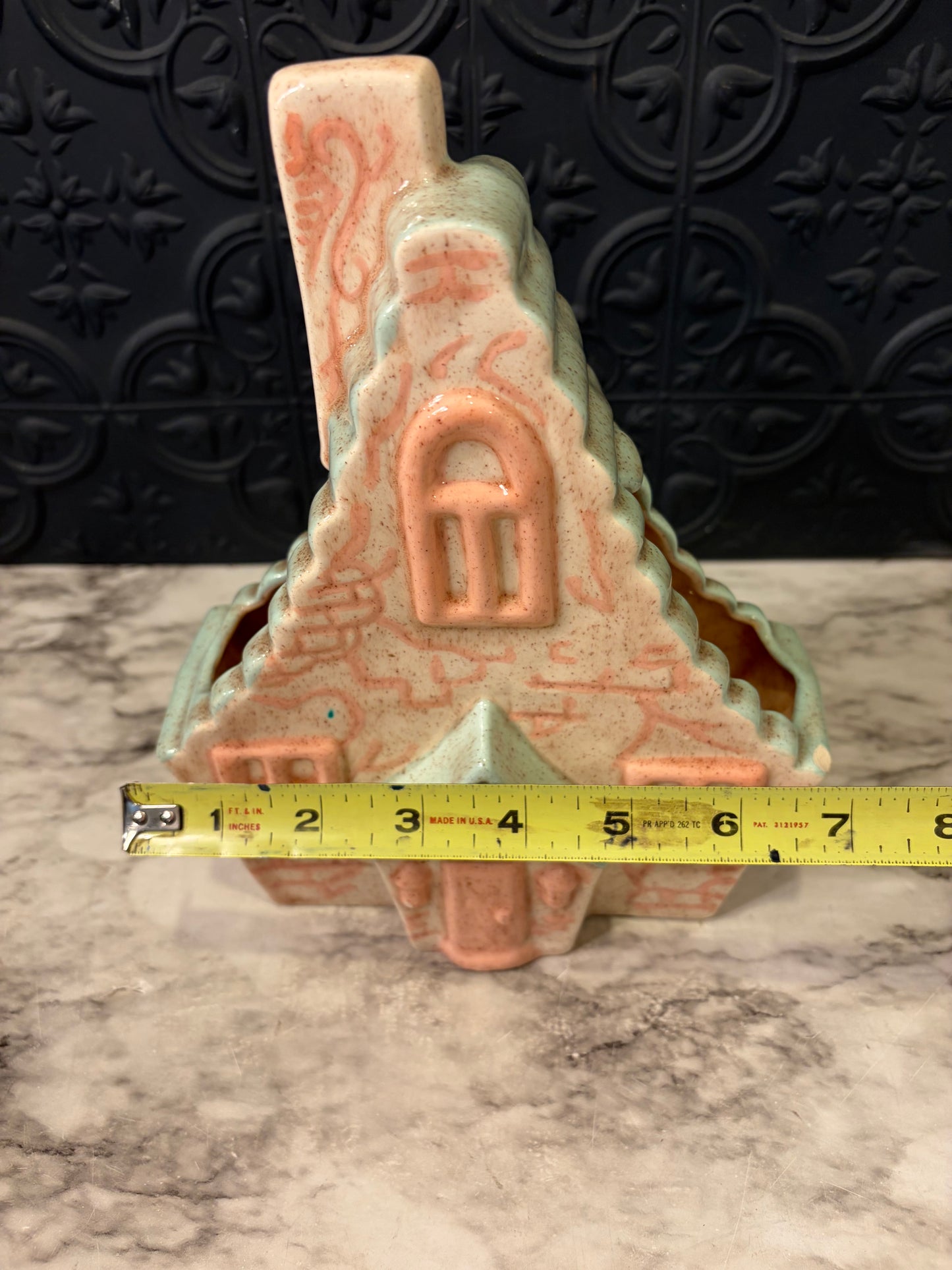 Vintage Ceramic House Planter Green and Pink