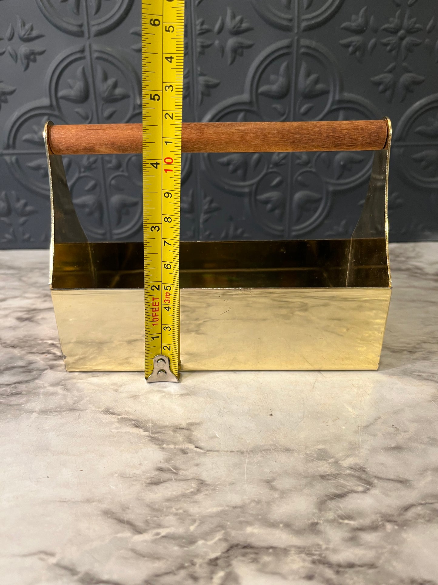 Brass caddy with wood handle