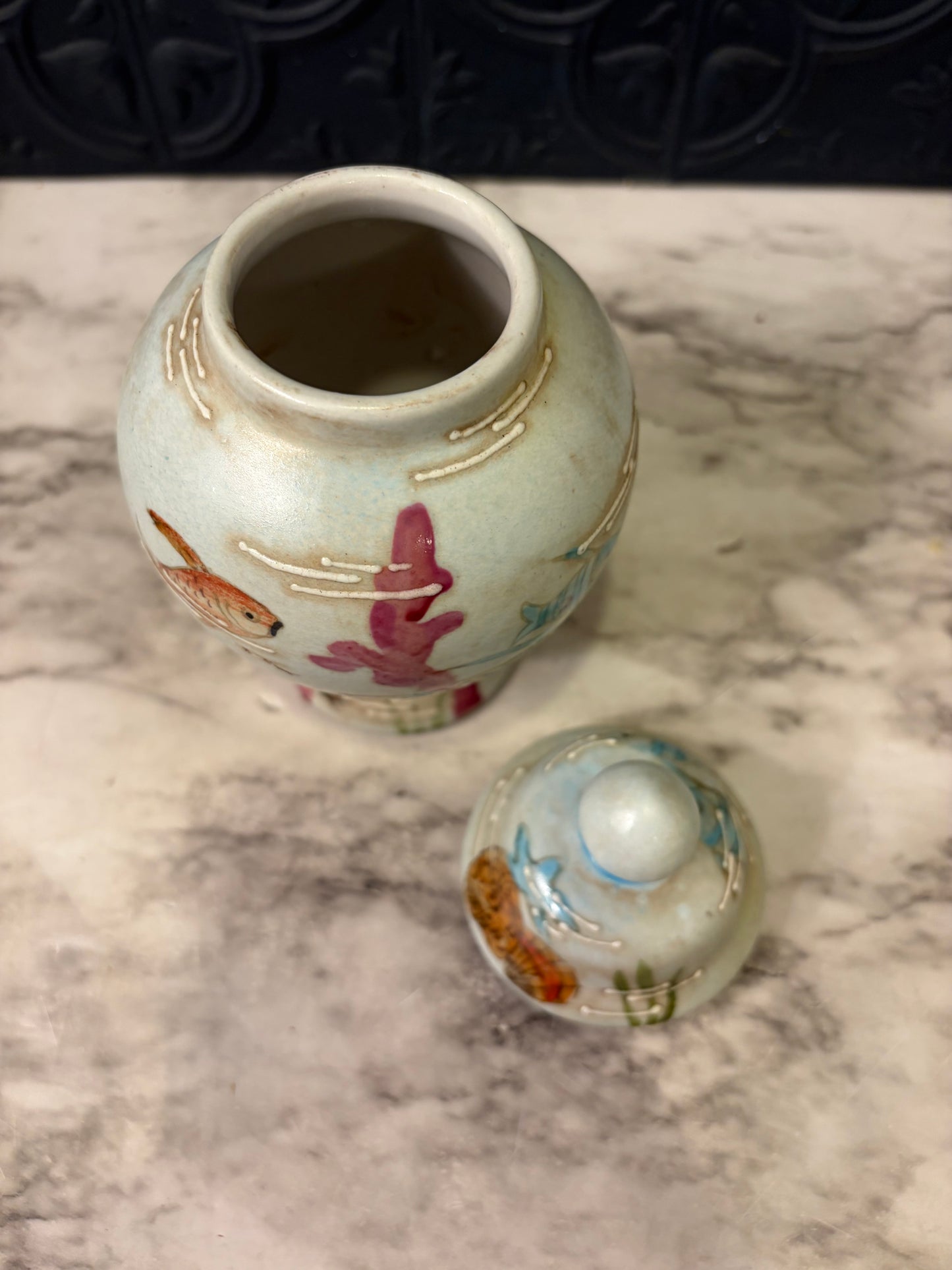 Hand Painted Ginger Jar with Fish and Coral