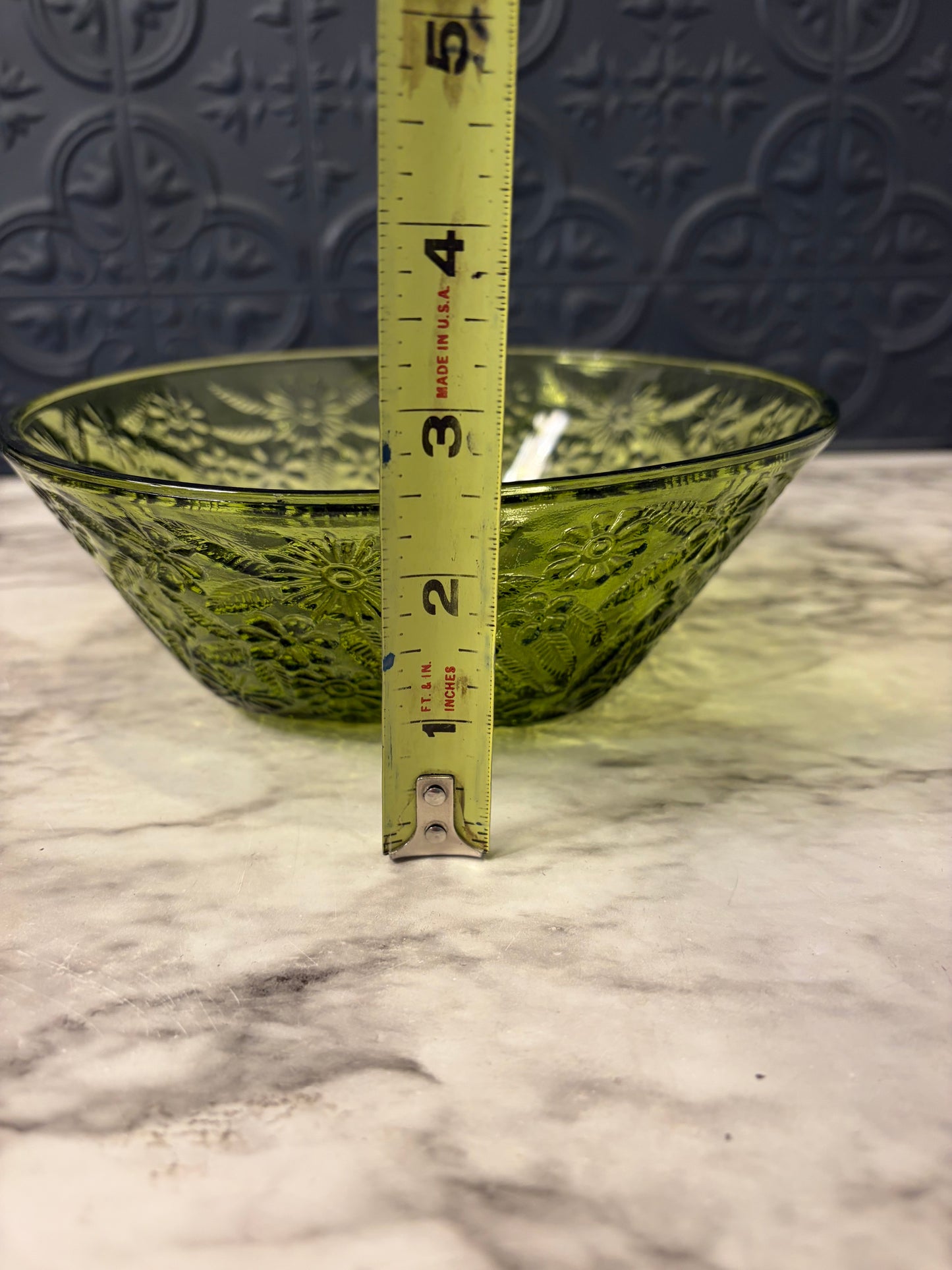 Round Indiana Green Glass Bowl with Floral Pattern
