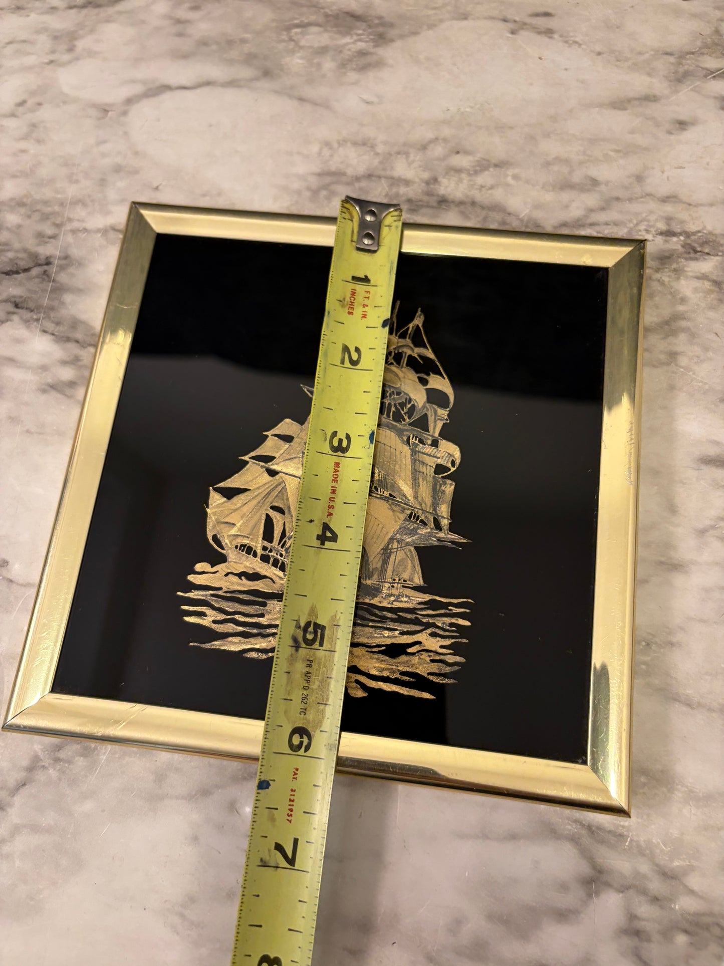 Gold Foil Ship on Black Framed