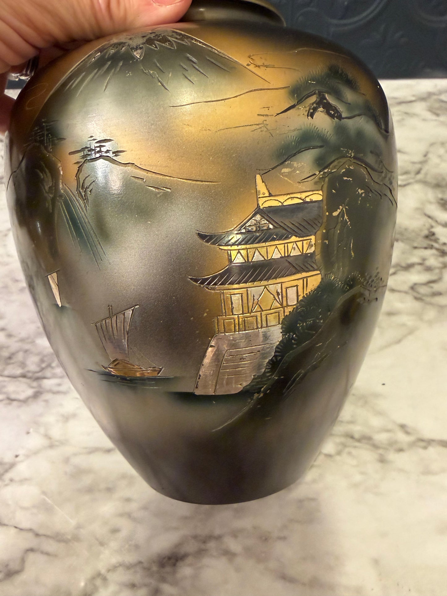 Japanese Etched Mt. Fugi Vase