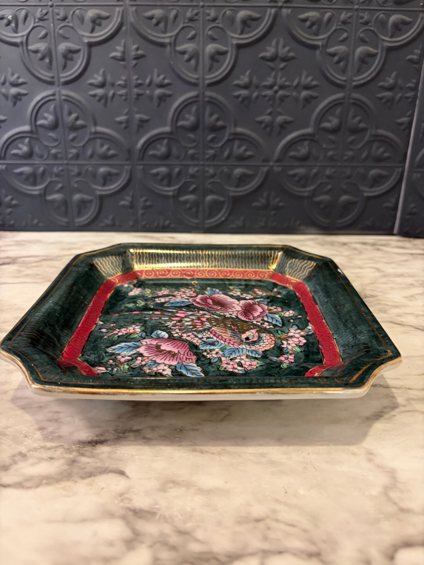 Square Hand Painted Porcelain Plate with Pheasant