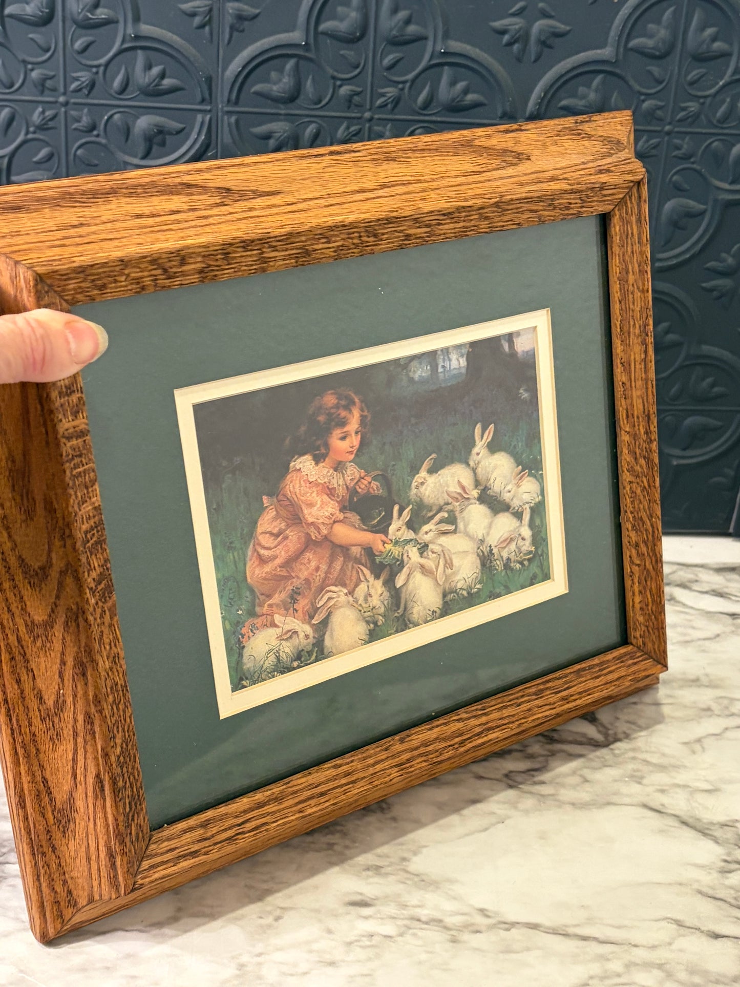 Feeding Rabbits Print in Oak Frame
