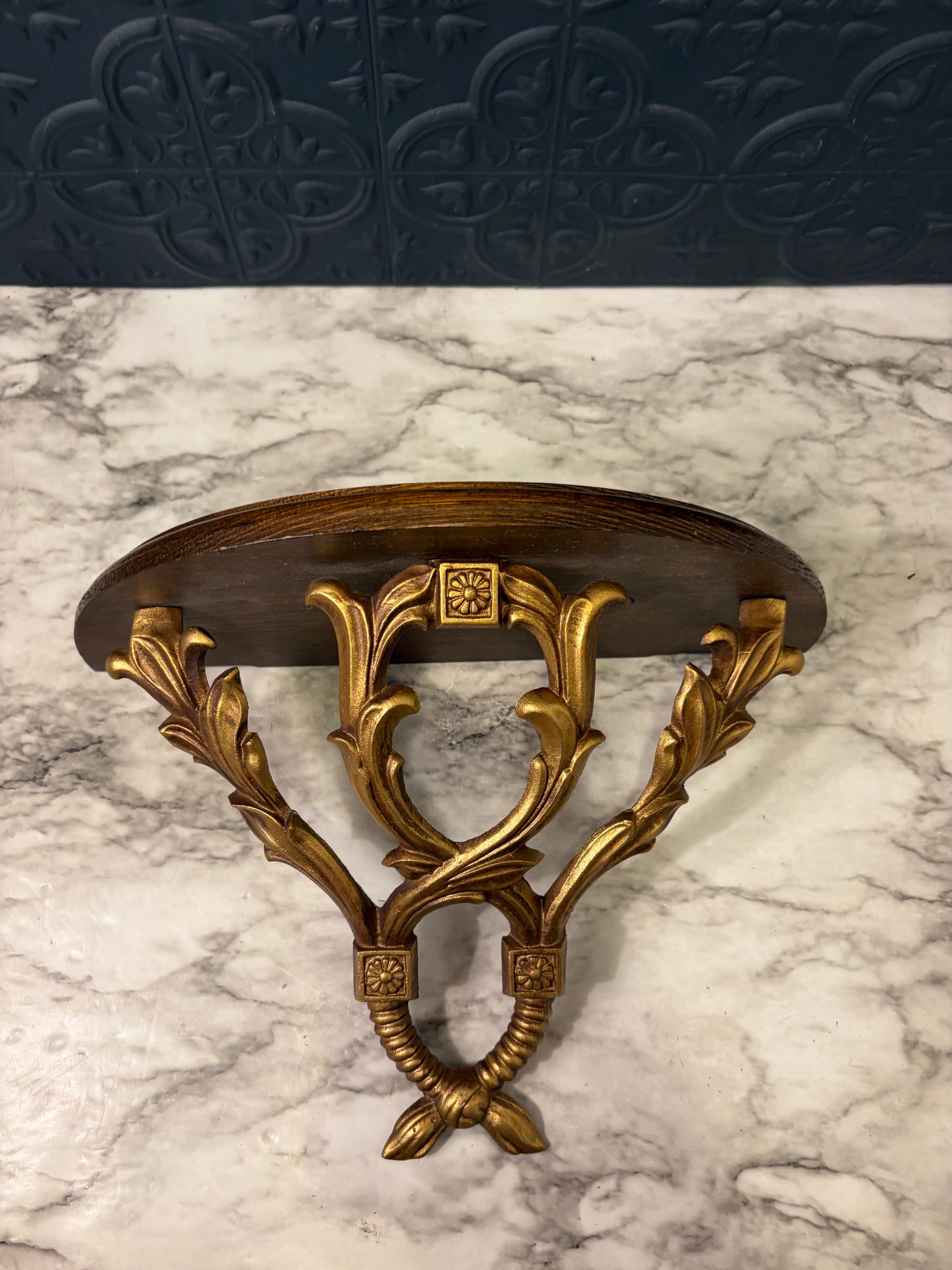 Gold Cast Metal and Wood Plate Shelf