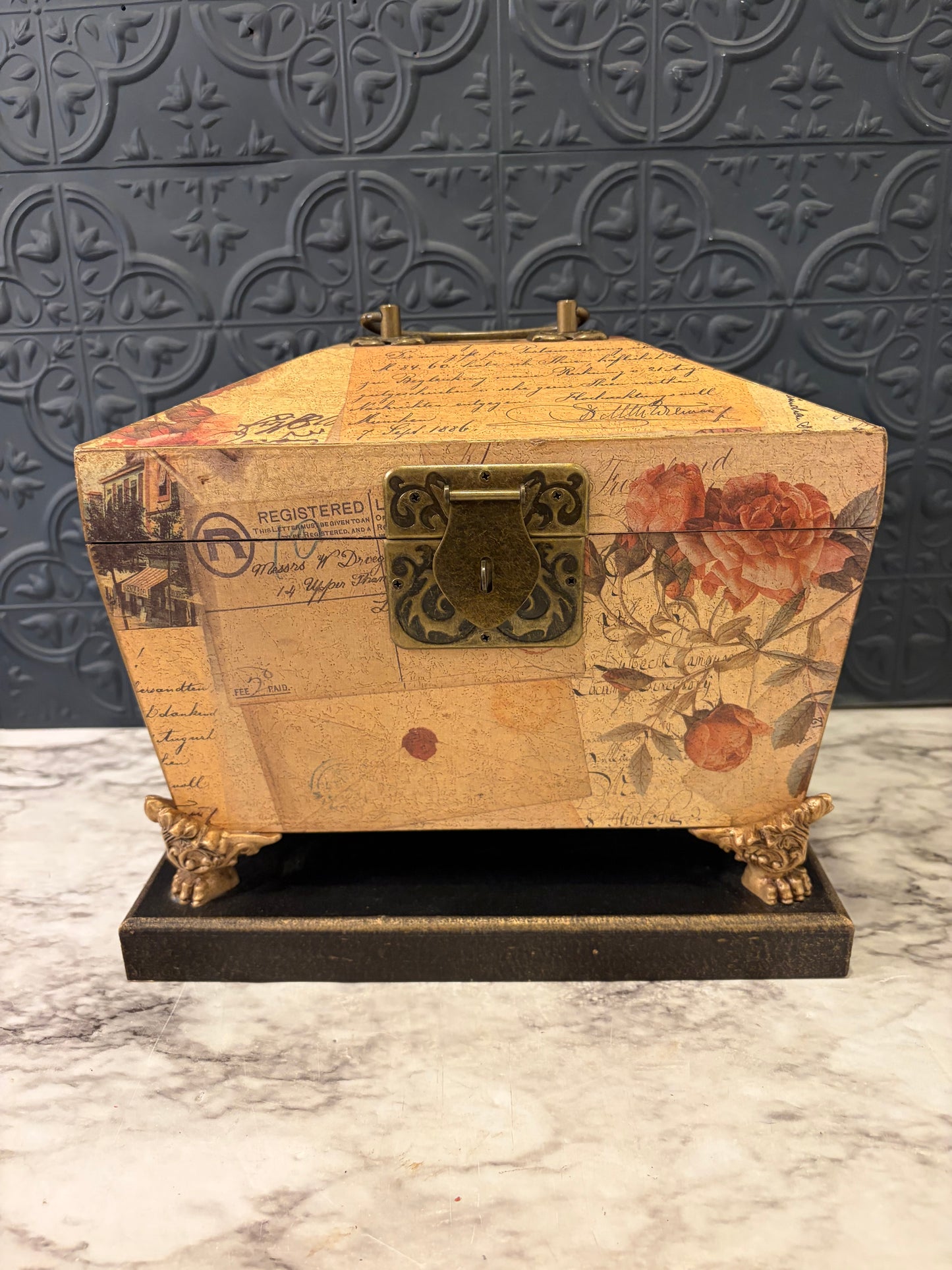 Floral Box with handles and Feet on Wood Base