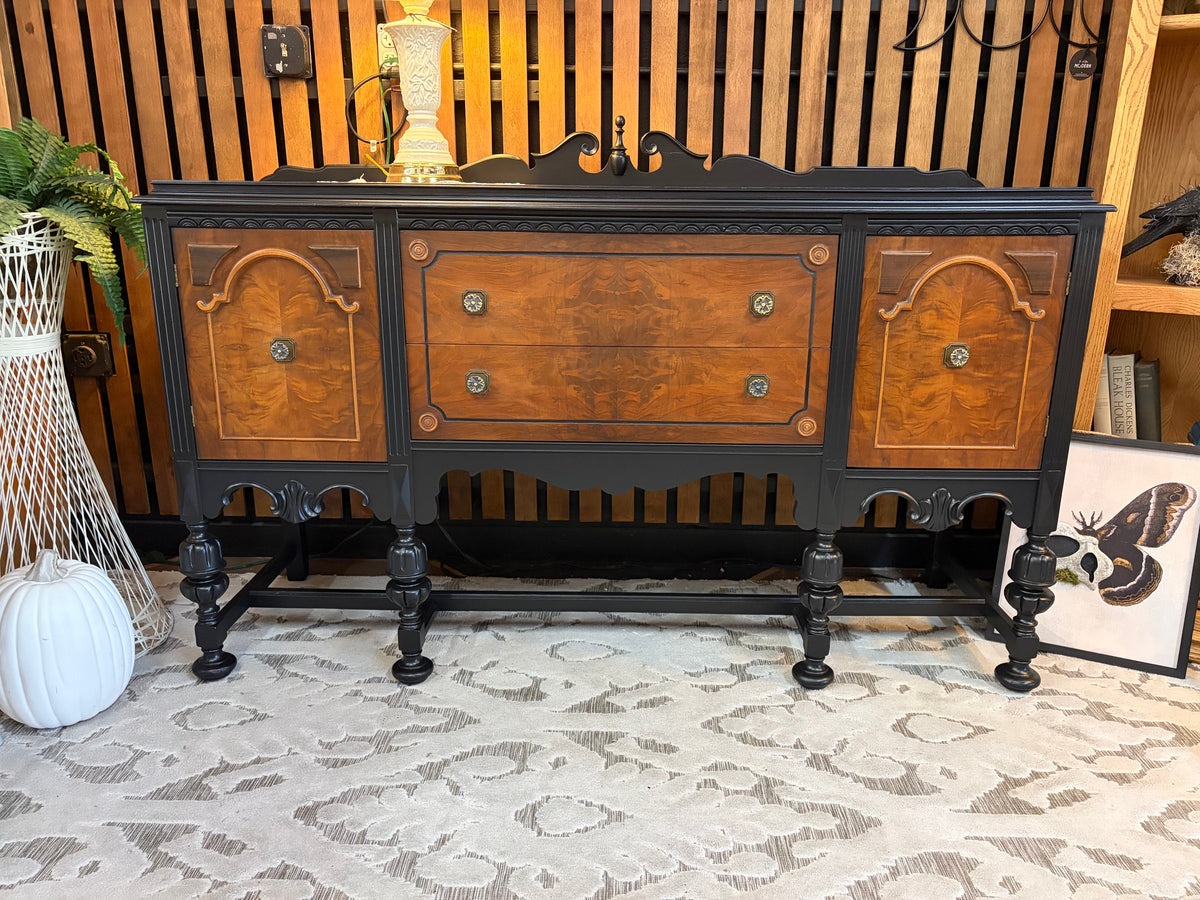 Antique Refinished Buffet 66" Long Black and Wood Finish