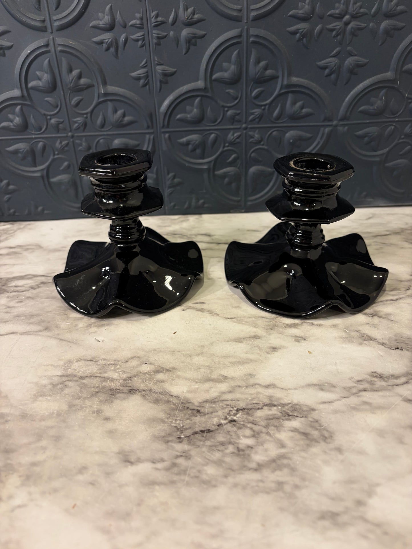 LE Smith Black Ruffled Glass Candle Set of 2