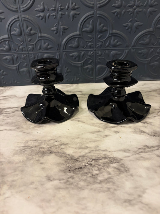 LE Smith Black Ruffled Glass Candle Set of 2