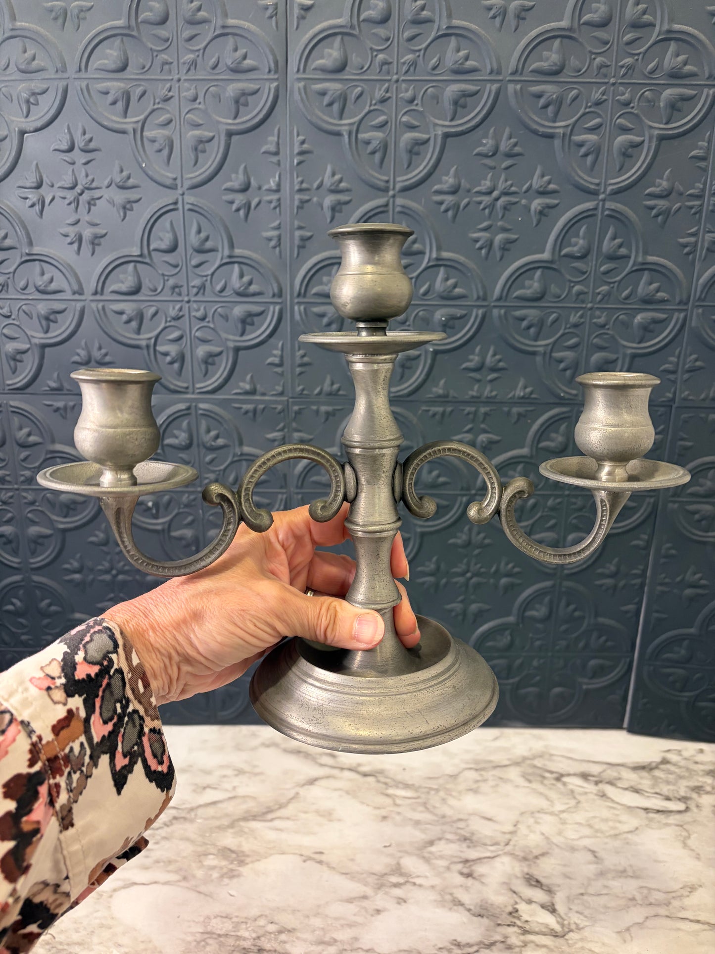 Vintage Pewter Candelabra with Three Heads