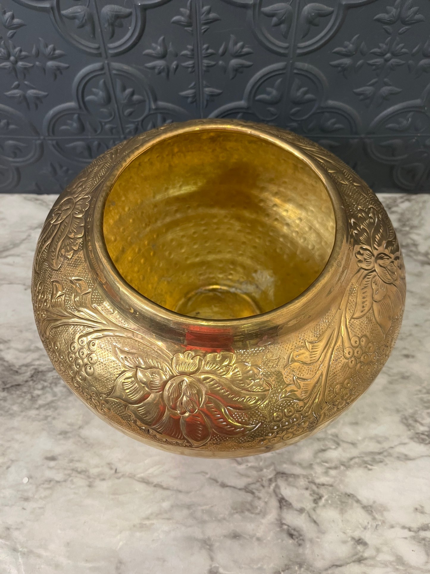 Embossed top half Round Brass Pot