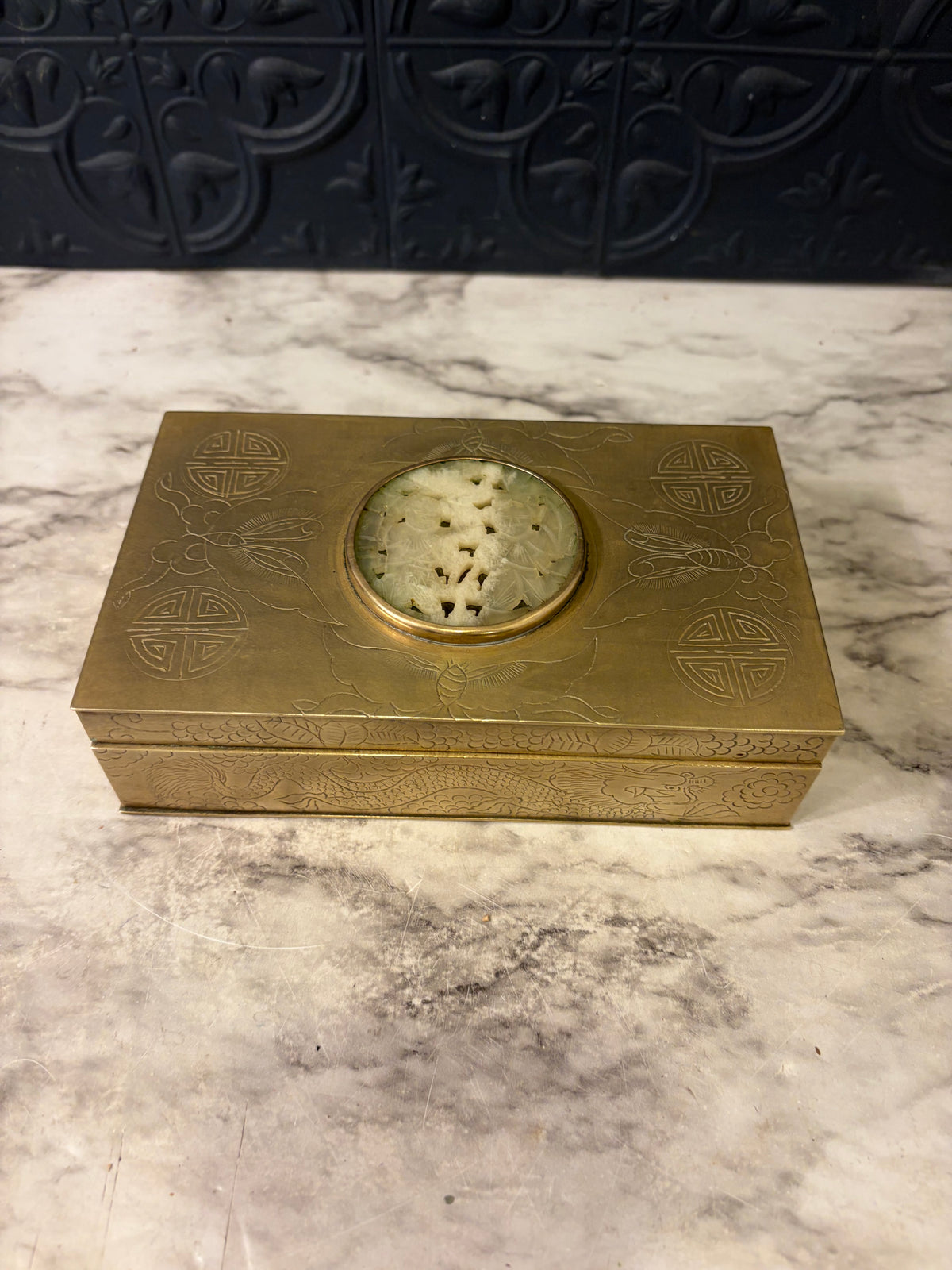 Brass Cigarette Box with Soapstone? Inlay