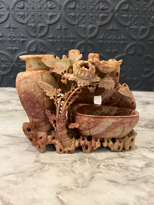 Carved Soapstone Vase and Bowl Red AS IS