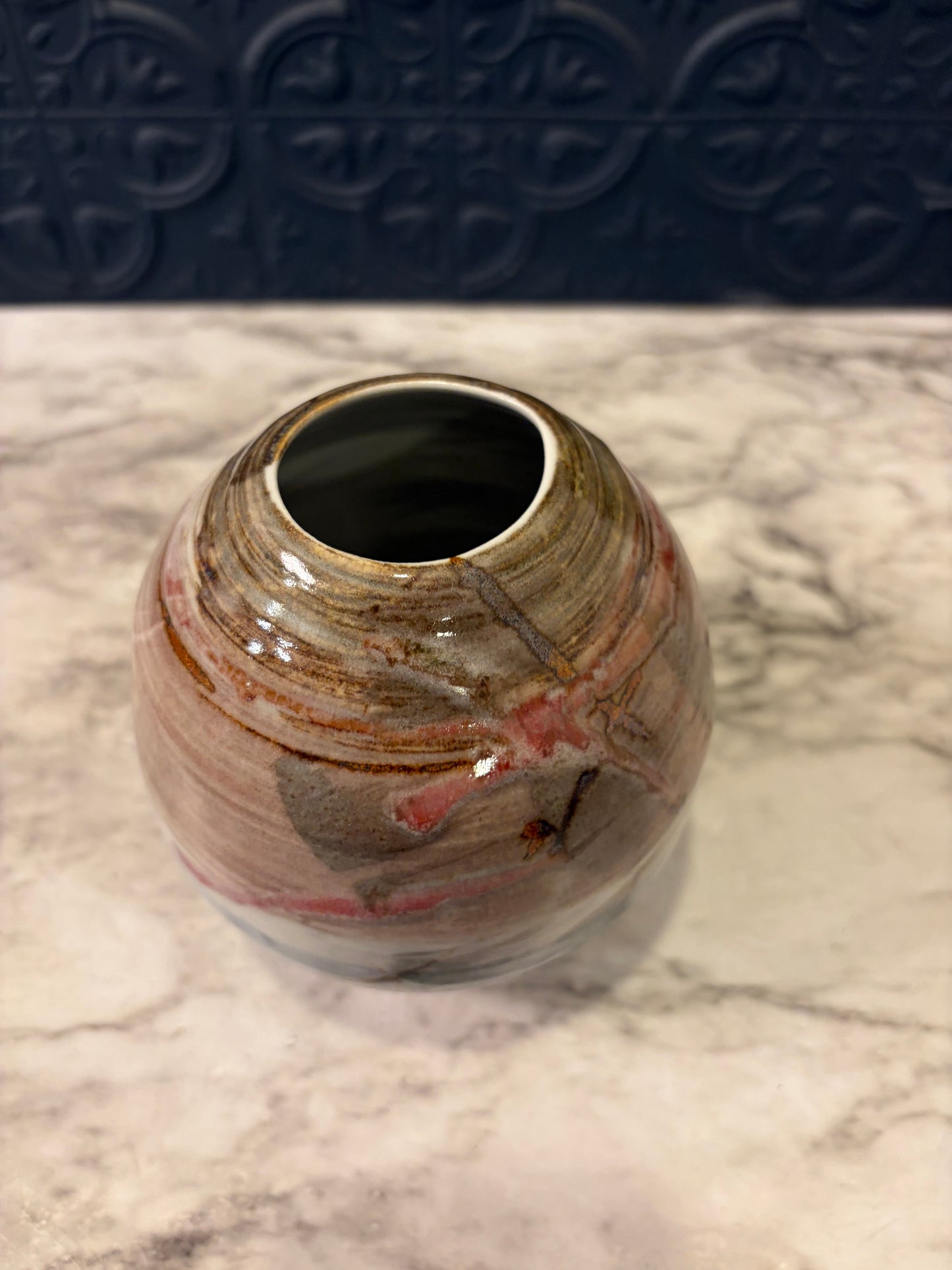 Round Studio Pottery Vase Brown and Blue