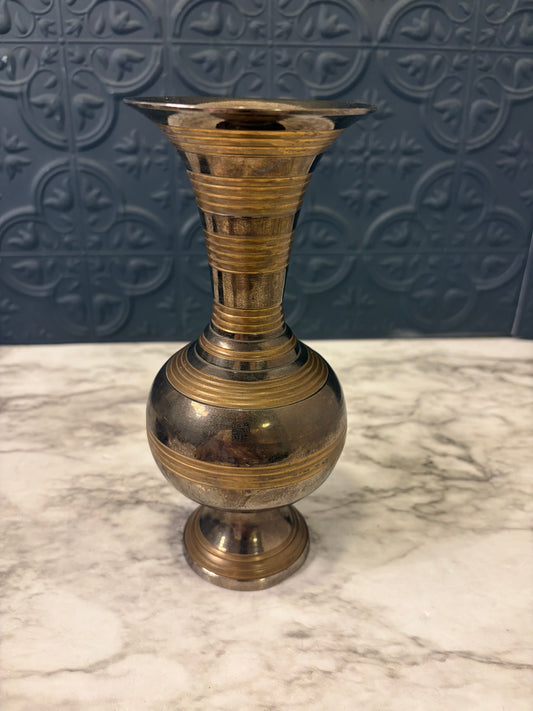 Brass 2 tone Vase with Rings 8"