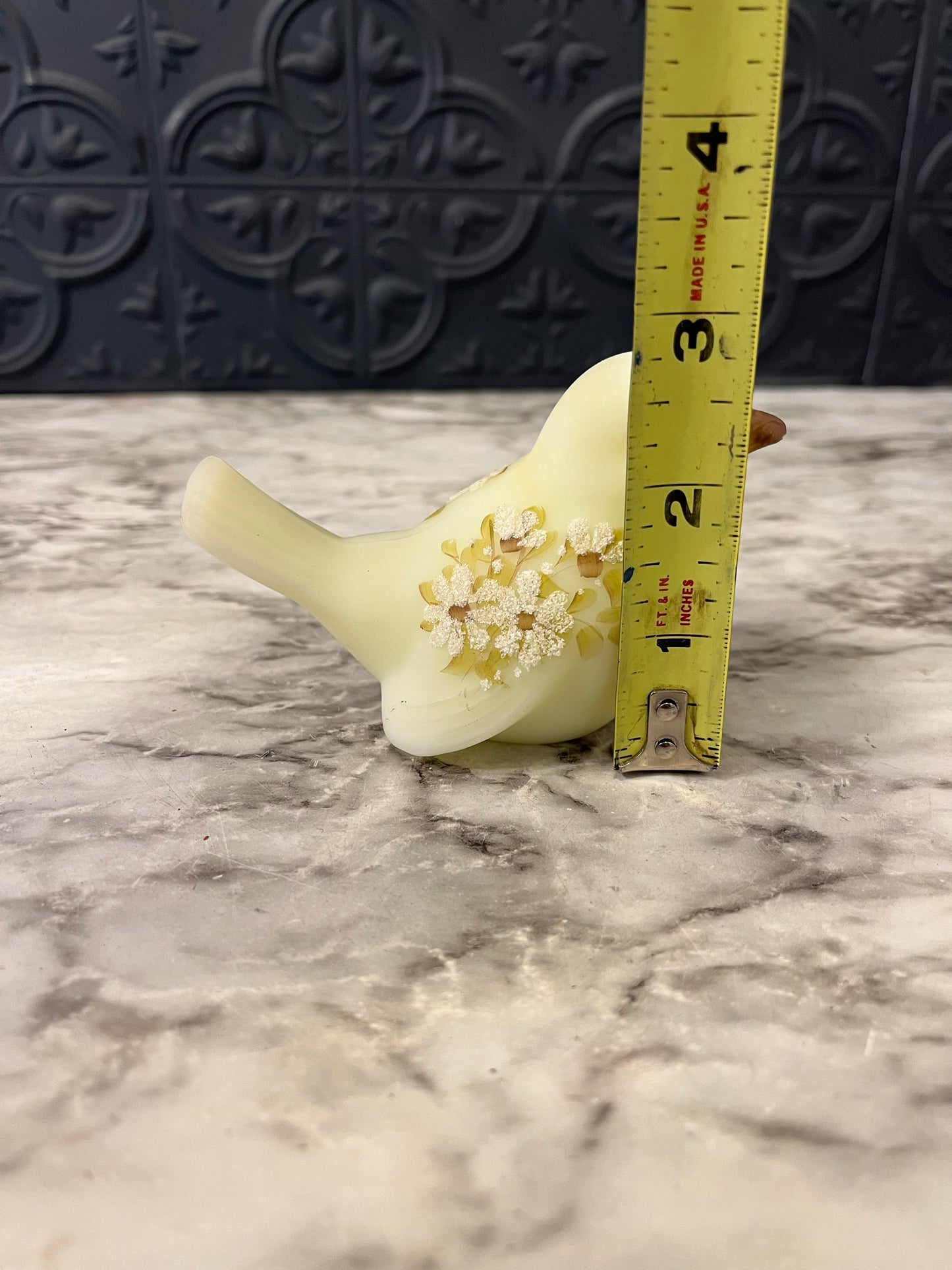 Fenton Custard Satin Glass UV Reactive Songbird