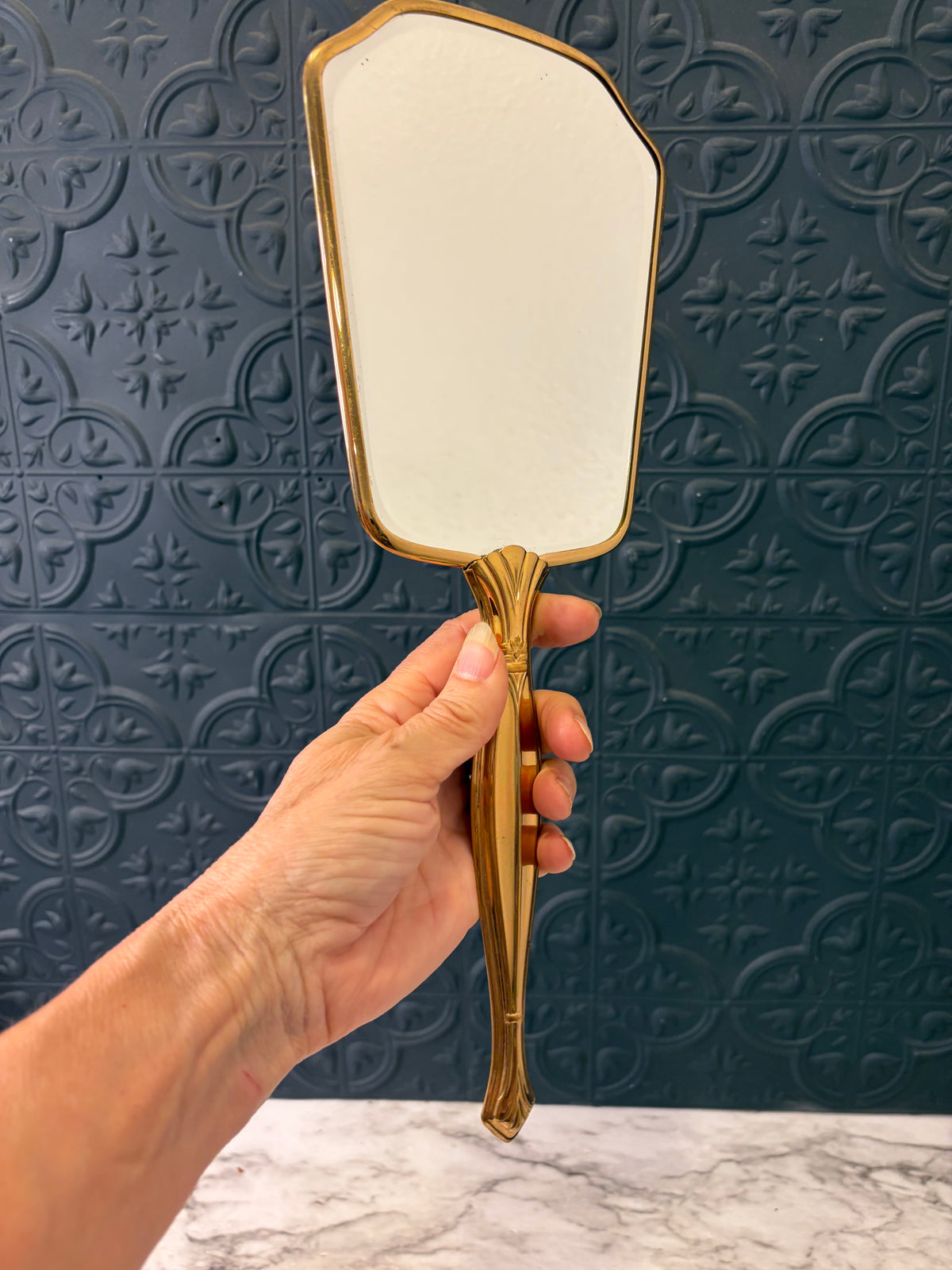 Pink/Gold Floral Vintage Hand Mirror