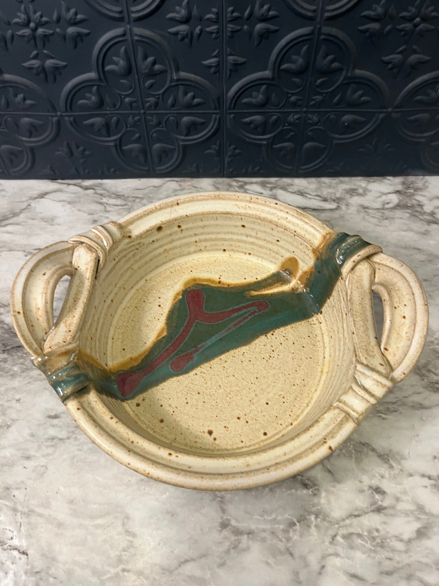 Stoneware Handled Shallow bowl with Green Stripe