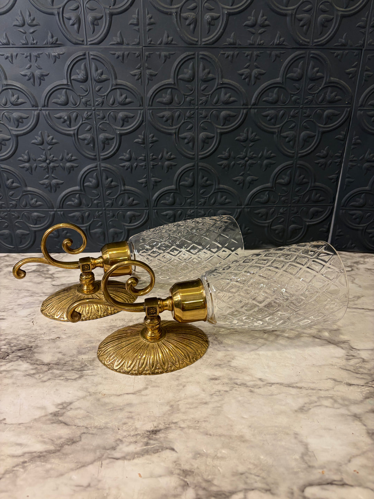 Set of 2 Brass Wall Sconce with Diamond Pattern Hurricane