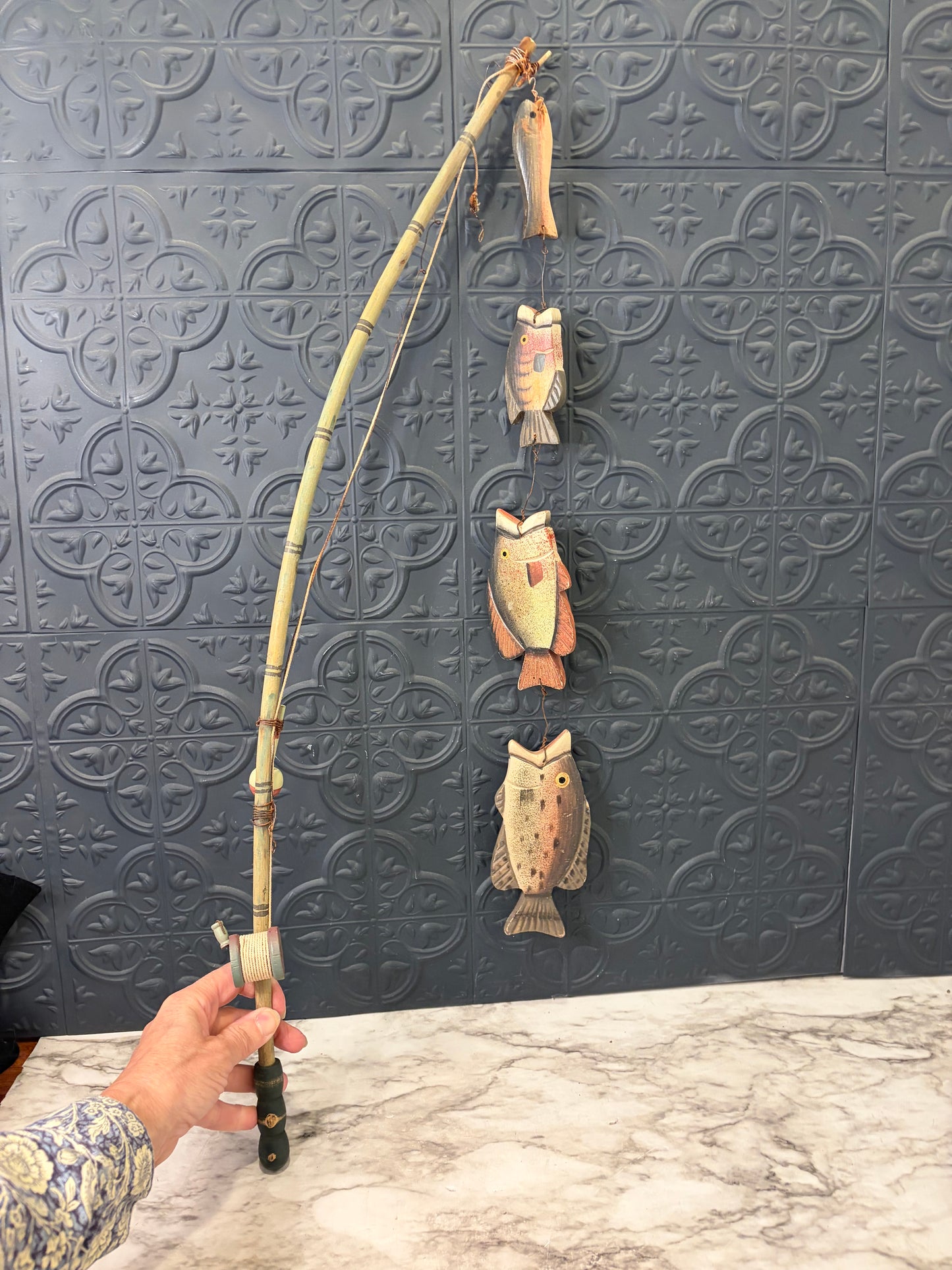 Wood Fishing Pole with Fish