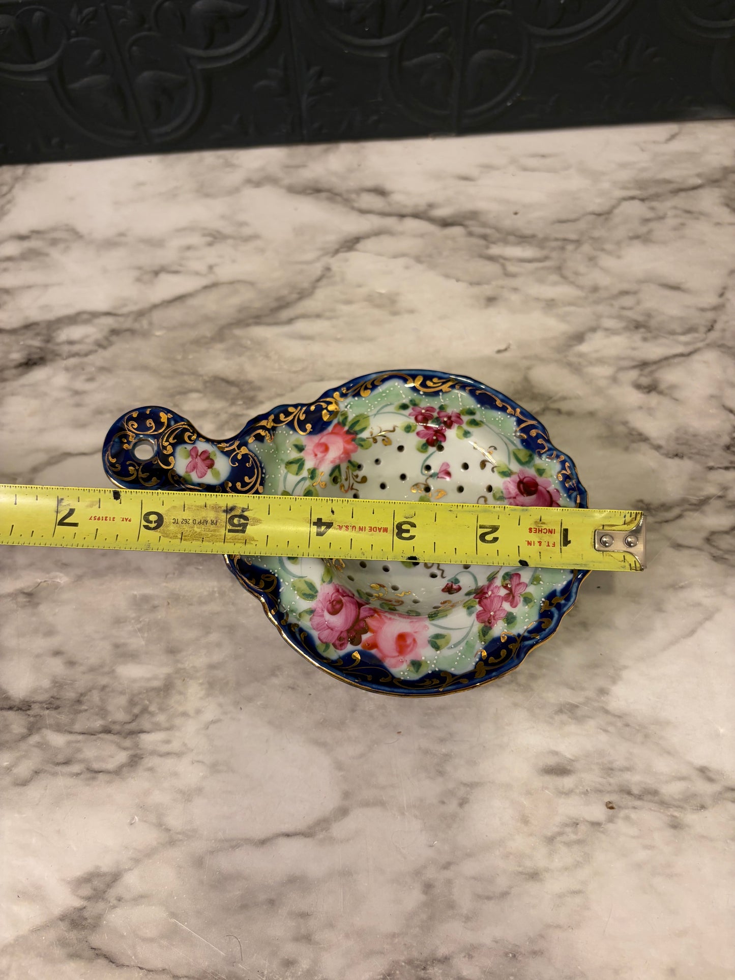 Antique Blue and Gold Tea Strainer Hand Painted