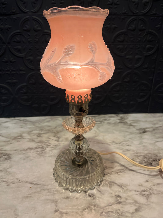 Crystal and Pink Hurricane Lamp