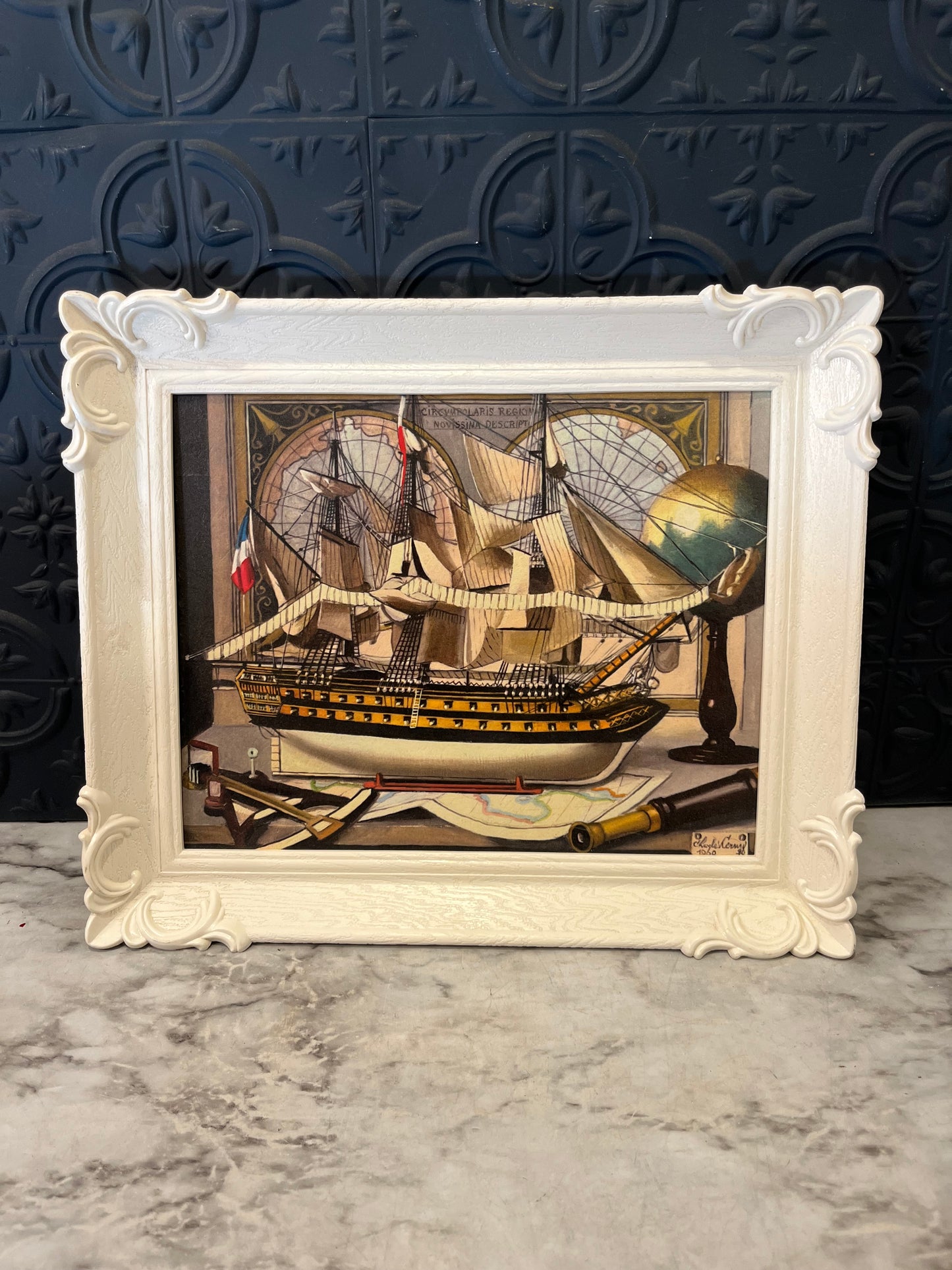Charles Cerrny Ship Model Print in White Plastic Frame