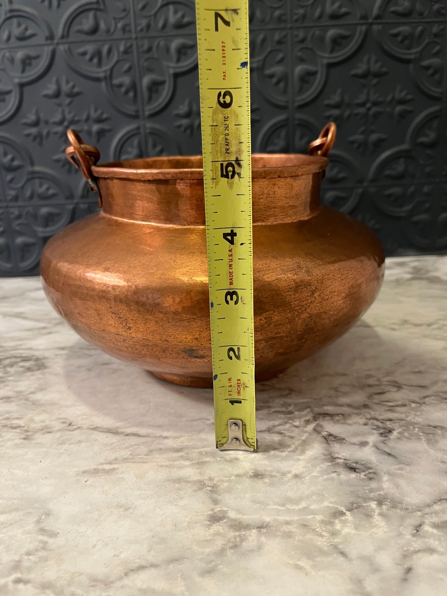 Hammered Copper Cachepot with  Twisted Rope handle